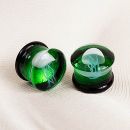 Плаг стеклянный Медуза 3D зеленый (пара)